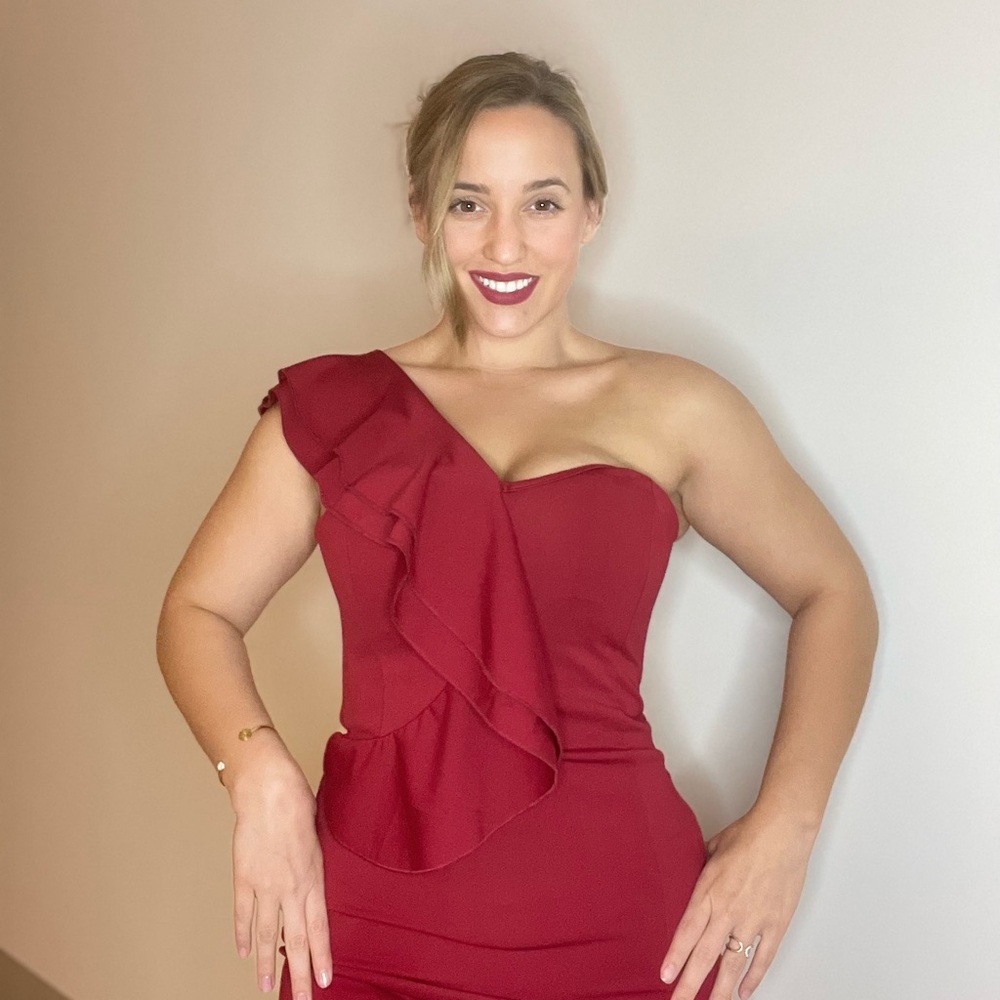 Red, one should, ruffled dress